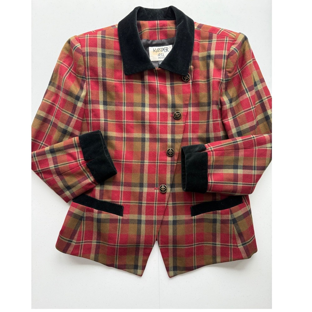Vintage Kasper Wool Tartan Jacket Blazer 12P Velvet‎ Collar Cuffs Old Money READ